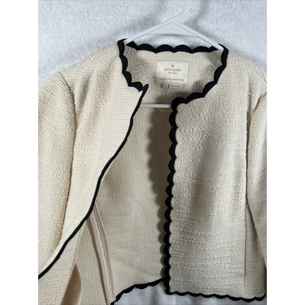 Kate Spade Tweed Jacket Womens Size 2 Cream Black Scallop Trim 3/4 Sleeve Career - Picture 5 of 12